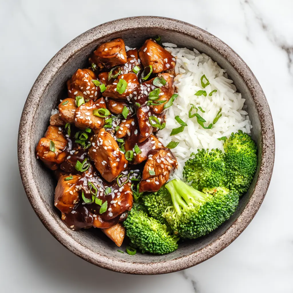 An overhead view of a savory teriyaki chicken bowl, showcasing tender chicken pieces coated in a glossy sauce next to steamed broccoli florets.