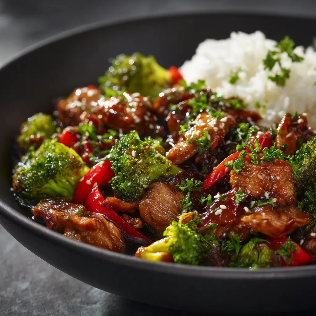 A vibrant bowl of homemade teriyaki chicken stir fry with fresh vegetables like broccoli and carrots, showcasing a rich glaze.