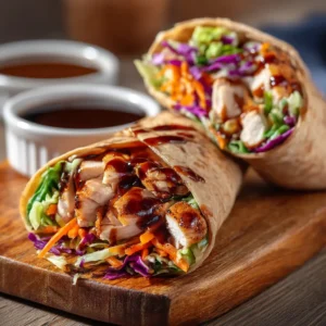 Two finished Teriyaki Chicken Wraps arranged on a rustic wooden board, showcasing the vibrant colors of the fresh fillings.