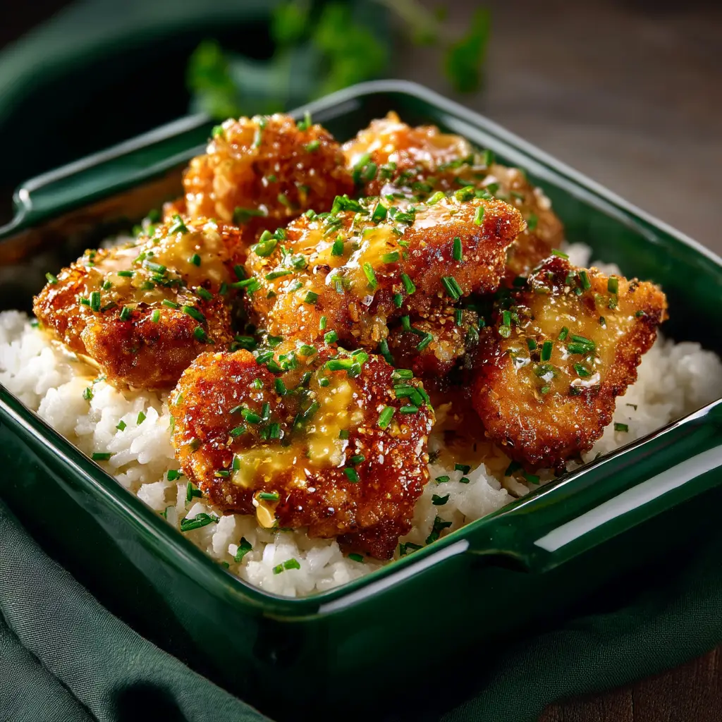 A serving of pan-fried honey butter chicken on a white plate with a side of steamed broccoli, showcasing the glossy sauce.