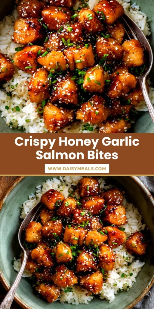 A close-up overhead shot of sticky honey garlic salmon bites in a white bowl, garnished with sesame seeds and green onions. The perfect easy weeknight dinner idea.