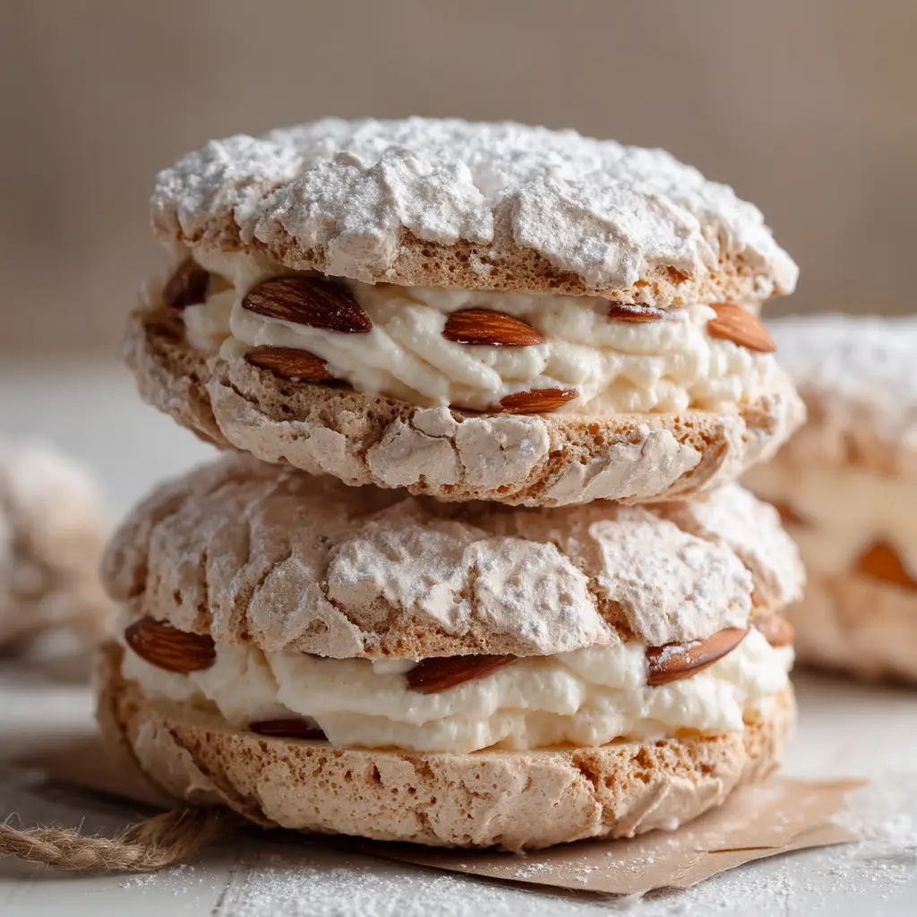 Assembling the almond dacquoise cake by spreading a thick layer of French buttercream on a meringue disc.
