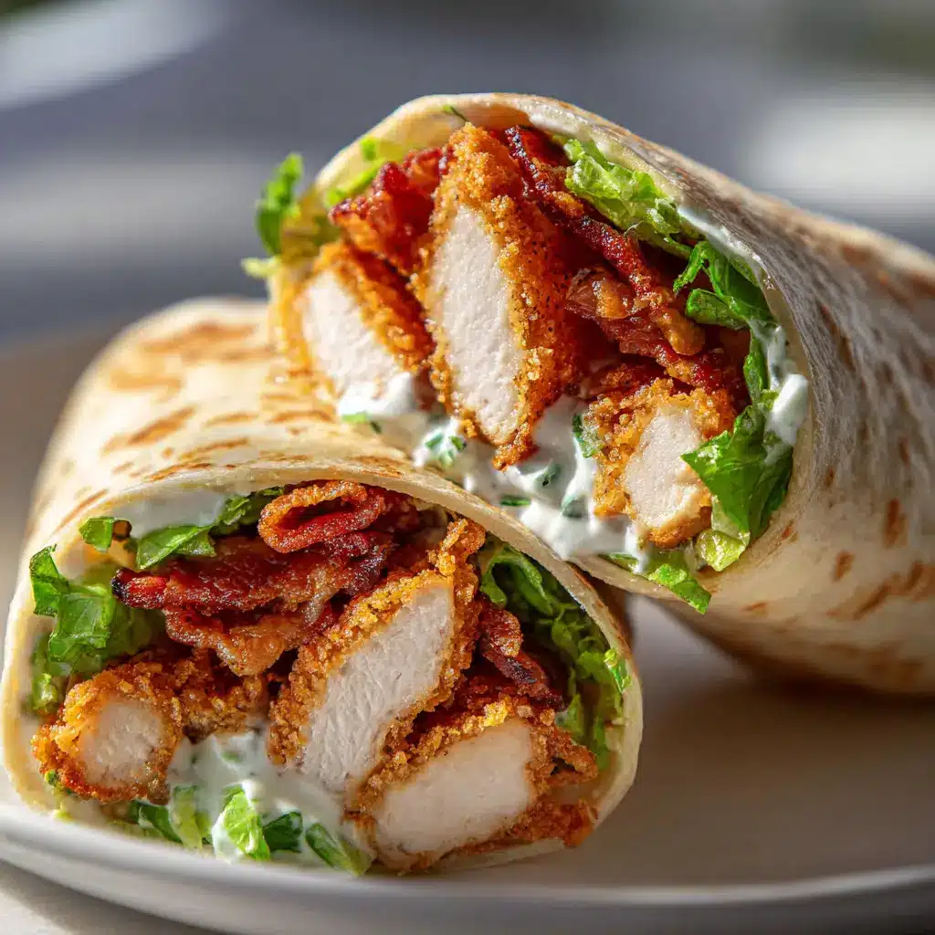 A step-by-step image showing the assembly of a chicken bacon ranch wrap on a flour tortilla before it is folded.