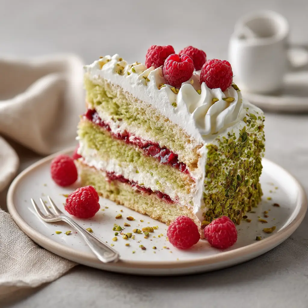 The process of assembling a pistachio raspberry cake, showing the raspberry filling being spread on a cake layer inside a buttercream dam.