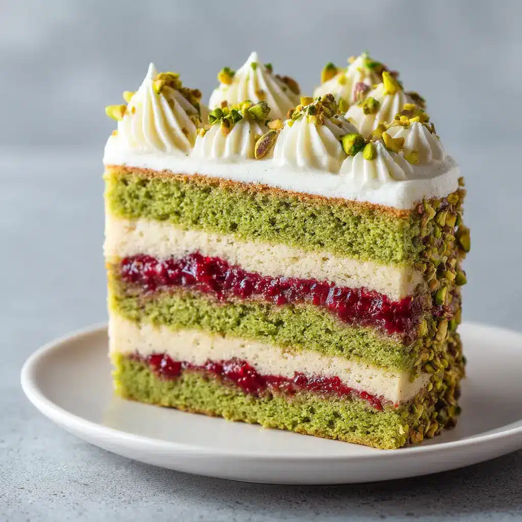 The process of assembling the pistachio sponge cake, showing raspberry jam being spread over the first layer.