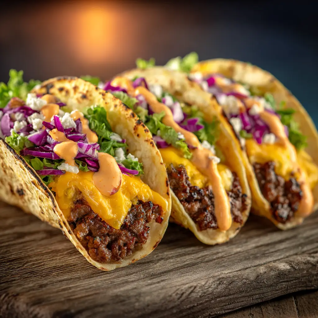 Smash Burger Tacos: The Ultimate Viral Recipe 2 A step-by-step image showing ground beef being smashed onto a flour tortilla before making cheeseburger tacos.