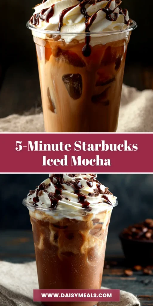 A tall glass of homemade iced mocha recipe topped with whipped cream and chocolate drizzle, sitting on a wooden surface.