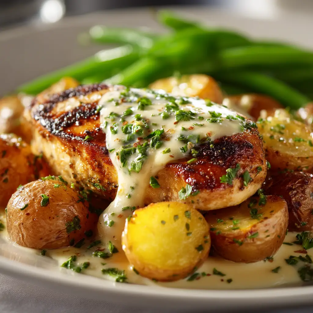 A close-up shot of a fork holding a piece of juicy baked chicken with crispy garlic parmesan potatoes in the background, showcasing the perfect texture.