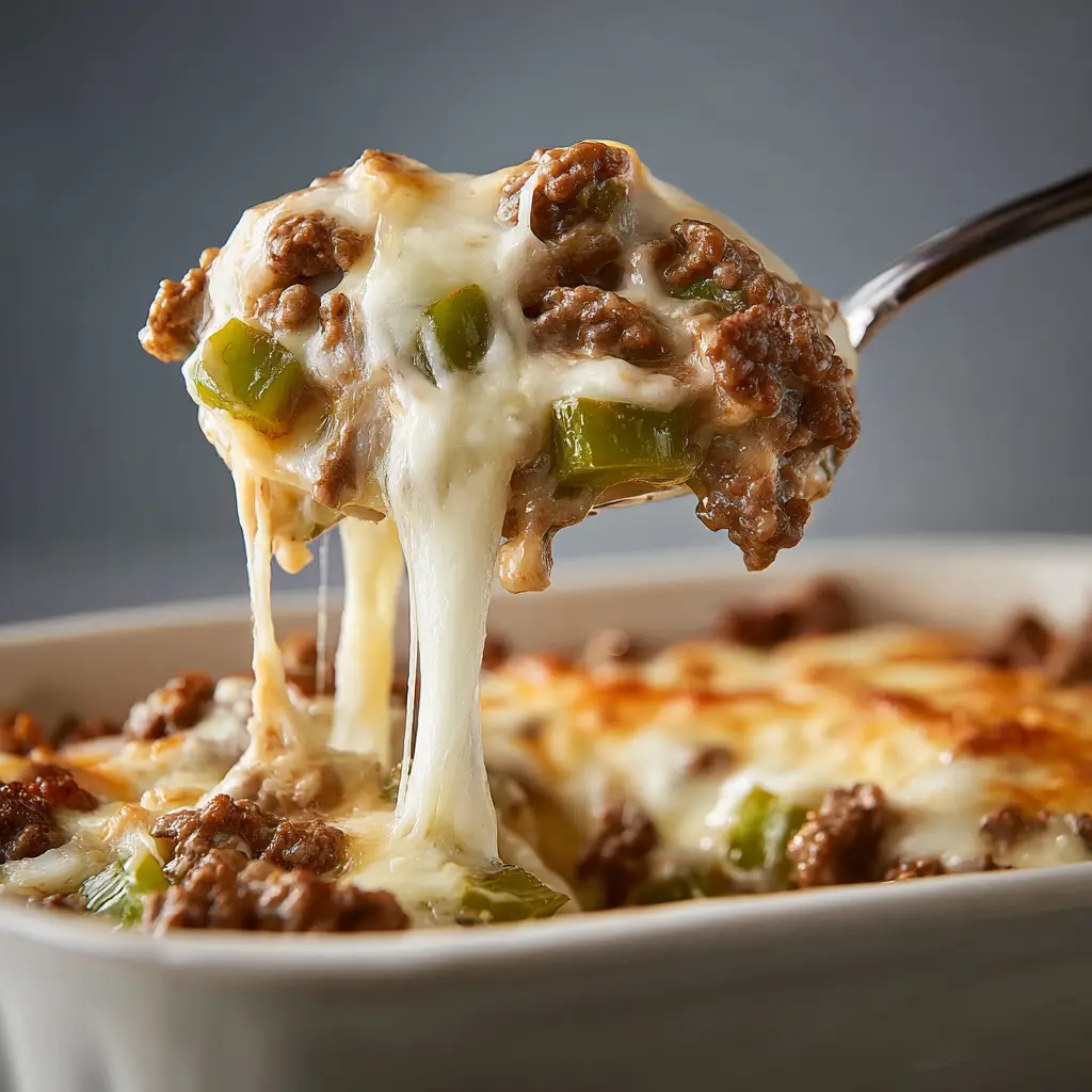 A close-up spoonful of the keto Philly cheesesteak casserole, showing the creamy texture and melted cheese.