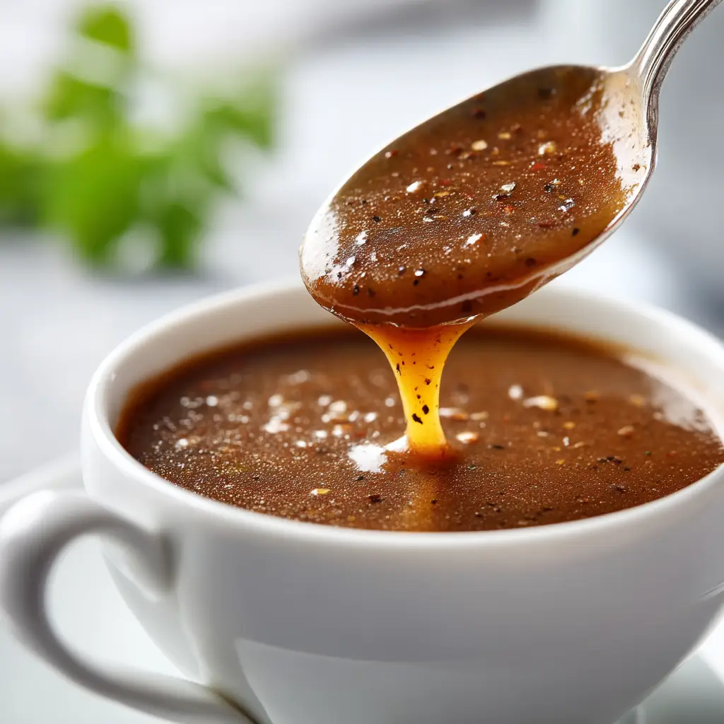 A spoonful of savory copycat KFC gravy being drizzled over creamy mashed potatoes.