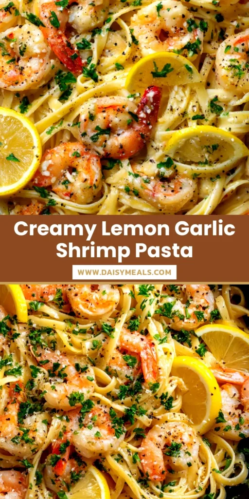 A top-down view of a white bowl filled with Lemon Butter Garlic Shrimp Pasta, garnished with fresh parsley and a lemon wedge on the side.