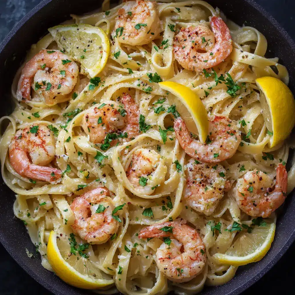 A skillet showing linguine being tossed with a creamy lemon butter sauce and fresh parsley before adding the shrimp.
