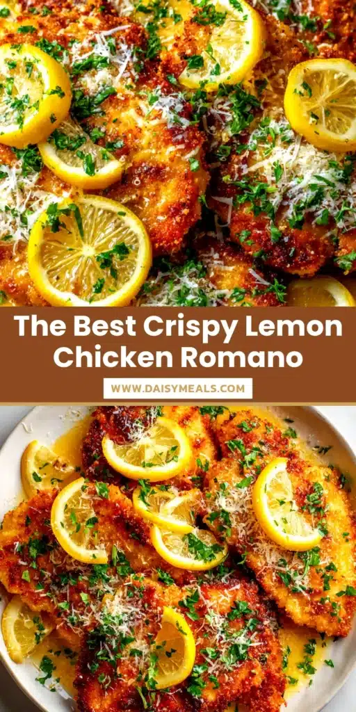 An overhead shot of crispy Lemon Chicken Romano served on a white plate, drizzled with lemon butter sauce and garnished with fresh parsley.