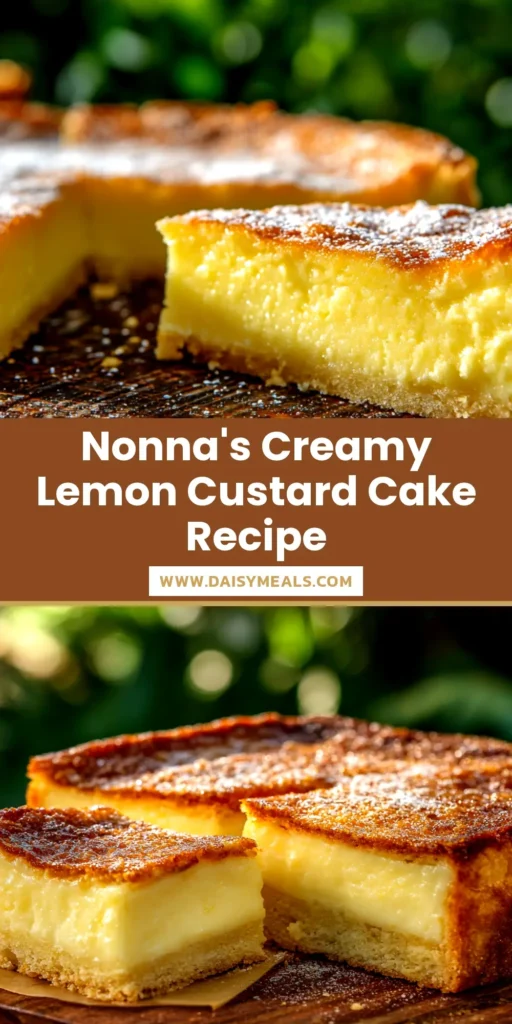 A perfect slice of Lemon Custard Cake on a white plate, showing the distinct layers of fluffy cake on top and creamy custard on the bottom, dusted with powdered sugar.