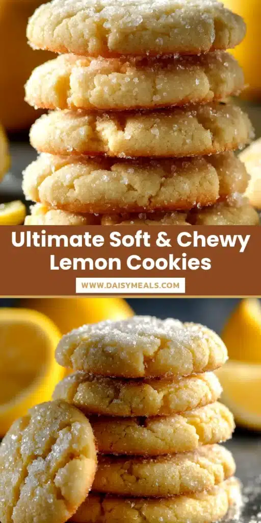 A close-up of soft and chewy lemon sugar cookies stacked on a plate, drizzled with a sweet lemon glaze. The perfect homemade cookie recipe.