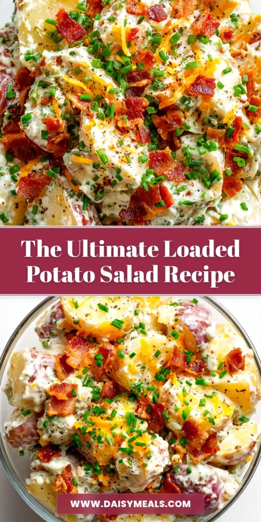 A large white bowl filled with creamy loaded baked potato salad, topped with crispy bacon, shredded cheddar cheese, and fresh chives. The perfect side dish for any occasion.