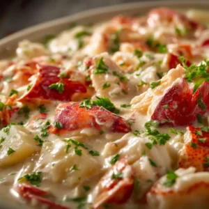 An extreme close-up of the rich and creamy lobster pot pie filling, showing chunks of lobster meat, peas, and carrots in a savory sauce.