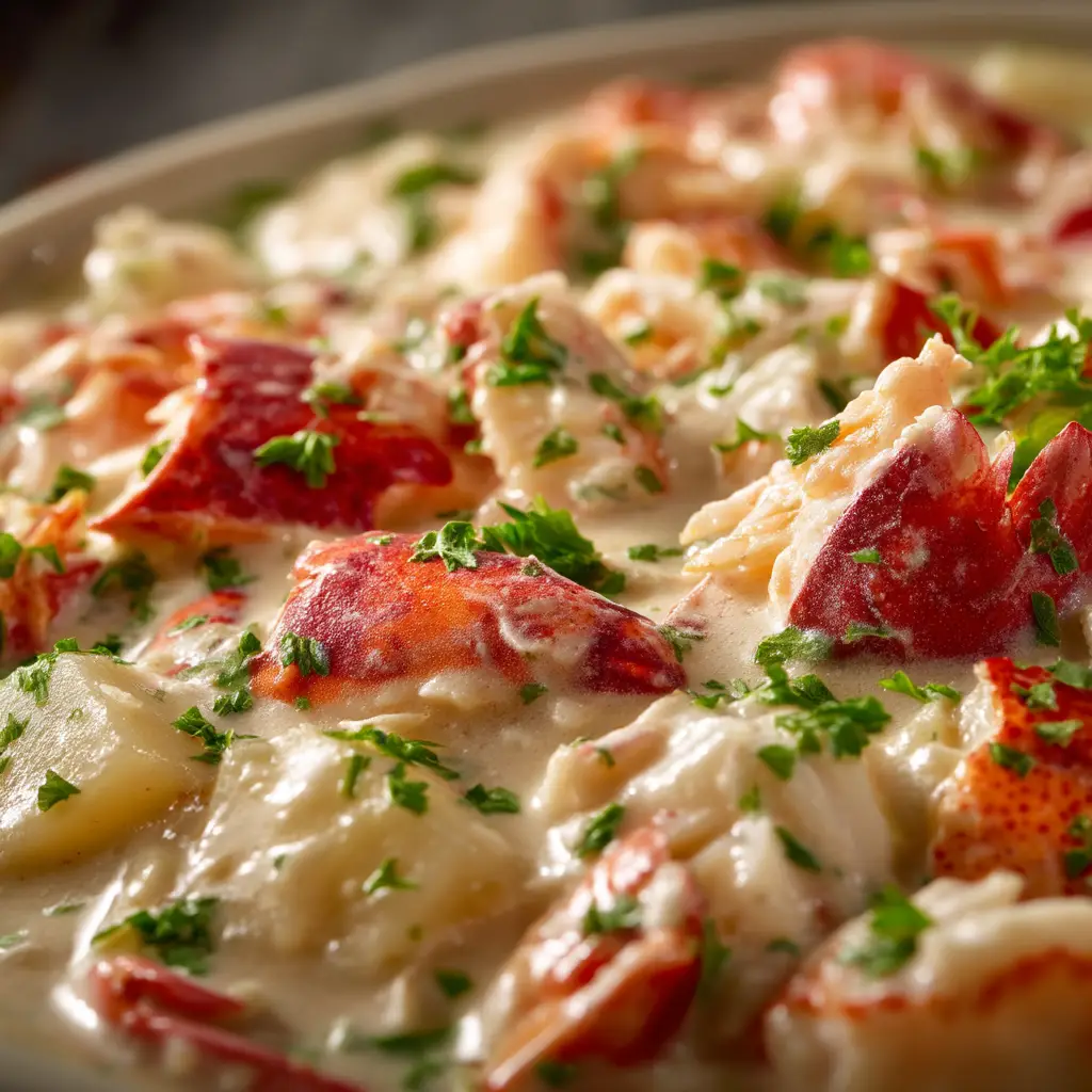 An extreme close-up of the rich and creamy lobster pot pie filling, showing chunks of lobster meat, peas, and carrots in a savory sauce.