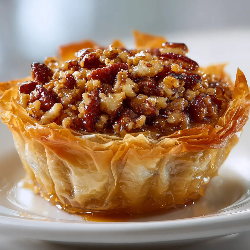 A beautiful shot of several homemade phyllo cup desserts on a wire rack cooling after being baked to a golden brown.