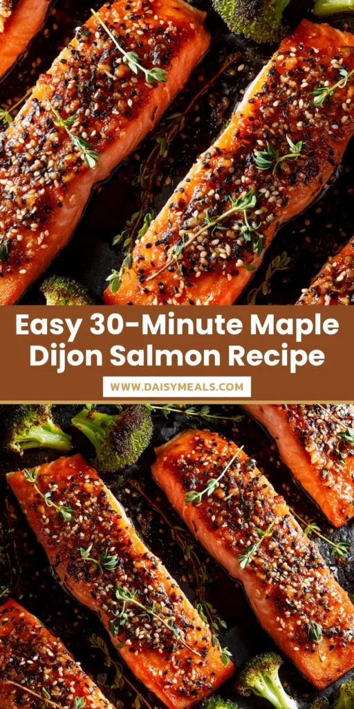 A close-up shot of a perfectly baked Maple Dijon Salmon fillet on a plate, garnished with fresh parsley. The glaze is caramelized and bubbly, and the salmon looks moist and flaky.