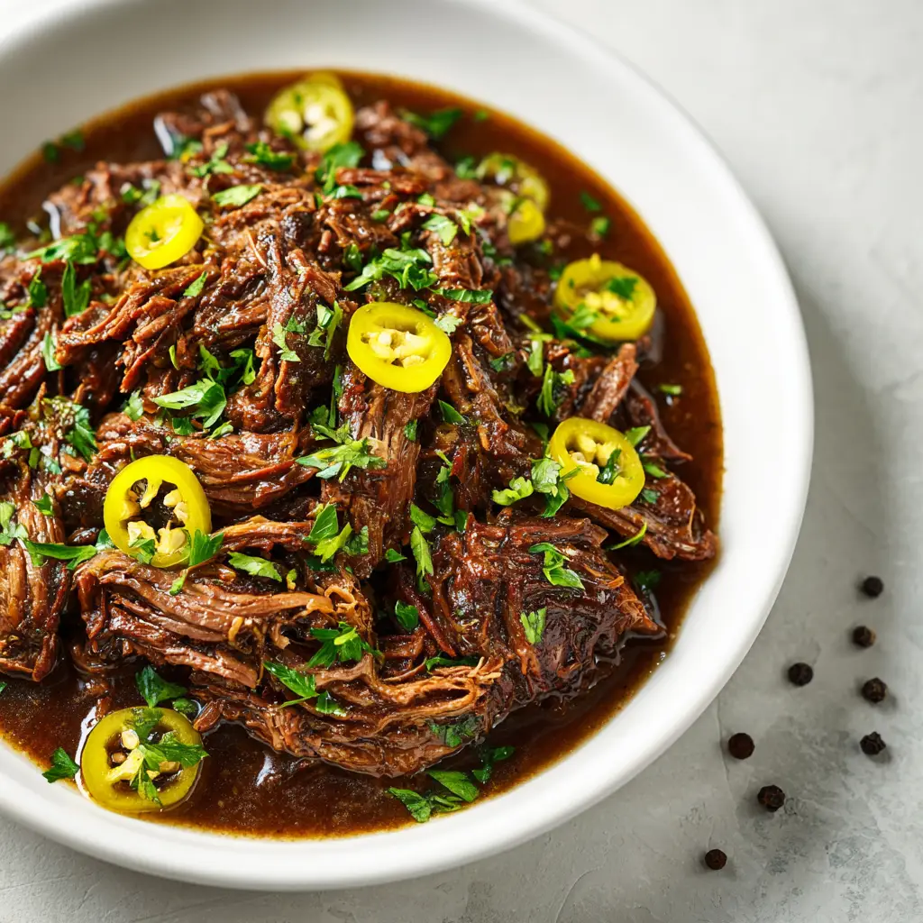 Mississippi Pot Roast: The Ultimate Slow Cooker Recipe 1 A plate of Mississippi Pot Roast served over creamy mashed potatoes, garnished with fresh parsley.