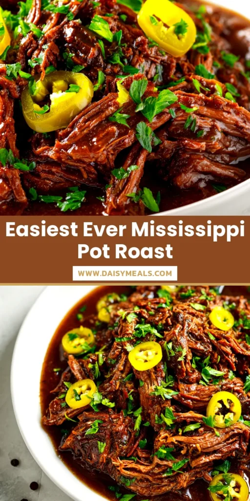 Mississippi Pot Roast: The Ultimate Slow Cooker Recipe 3 An overhead shot of a slow cooker filled with shredded Mississippi Pot Roast, highlighting the tender beef and rich gravy with pepperoncini peppers.
