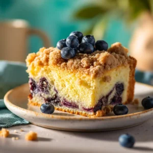 A perfect square slice of moist blueberry cake with a golden-brown crumble topping, served on a white dessert plate.