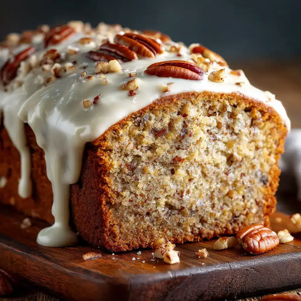 An extreme close-up of a slice of moist loaf cake, showing the tender crumb and generous amount of toasted pecans inside.