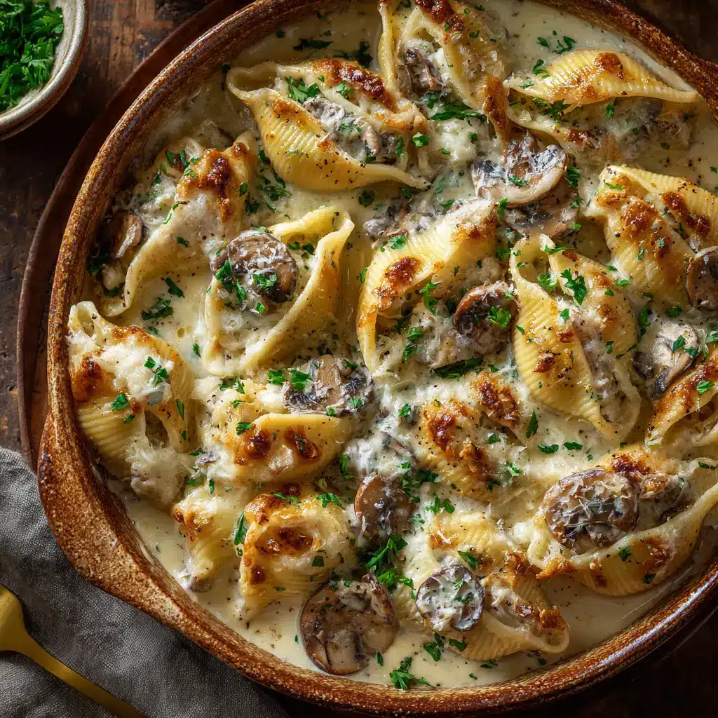 A single mushroom stuffed shell on a plate, showing the creamy ricotta and mushroom filling inside.