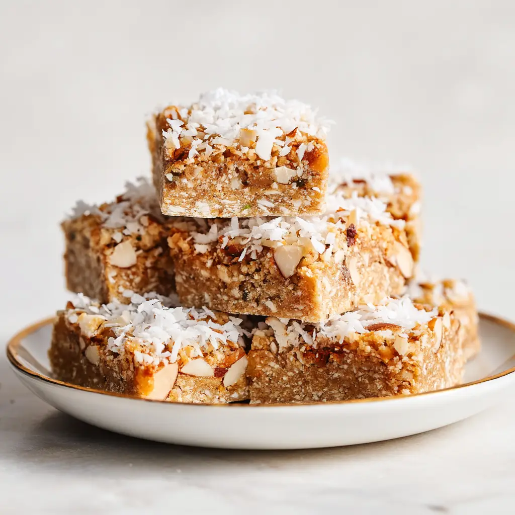 A lifestyle shot of coconut vanilla protein bars arranged on a platter, perfect for a healthy grab-and-go snack.