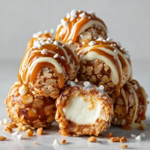 A close-up macro shot of a single salted caramel pretzel cheesecake ball, showing the creamy texture and crunchy pretzel coating.