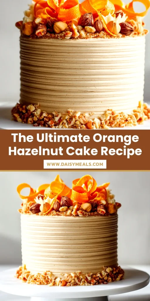 A beautiful slice of Orange Hazelnut Cake on a white plate, showcasing the layers and creamy frosting, with oranges and hazelnuts in the background.