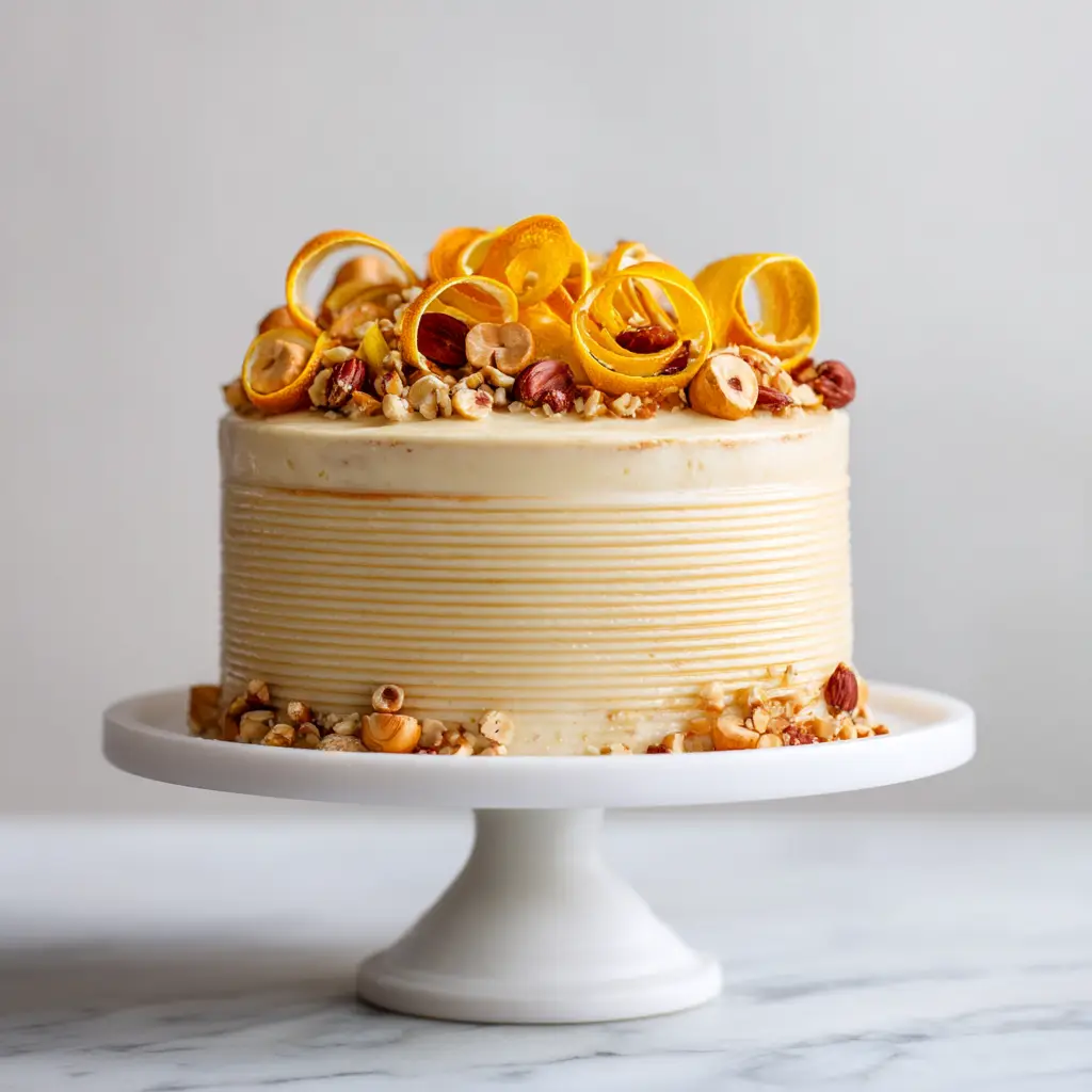 A close-up shot of the citrus nut cake crumb, revealing a moist and tender texture filled with specks of hazelnut and orange zest.