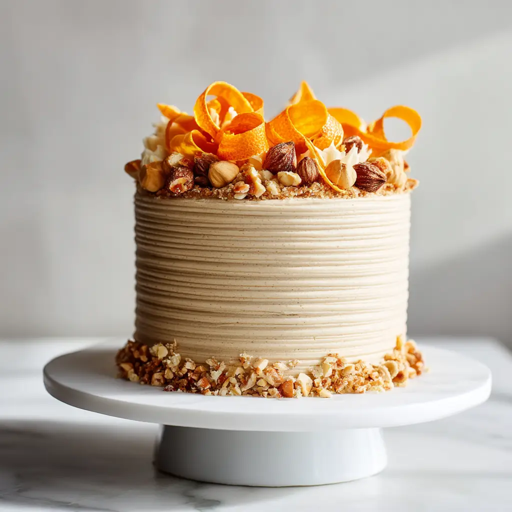 An elegant, tall layered moist orange cake with toasted hazelnuts, decorated with orange slices and a dusting of powdered sugar.