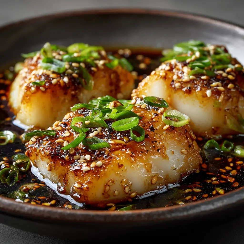 A close-up of a pan-seared cod fillet showing the flaky white fish and golden-brown crust, ready for the ginger soy sauce.
