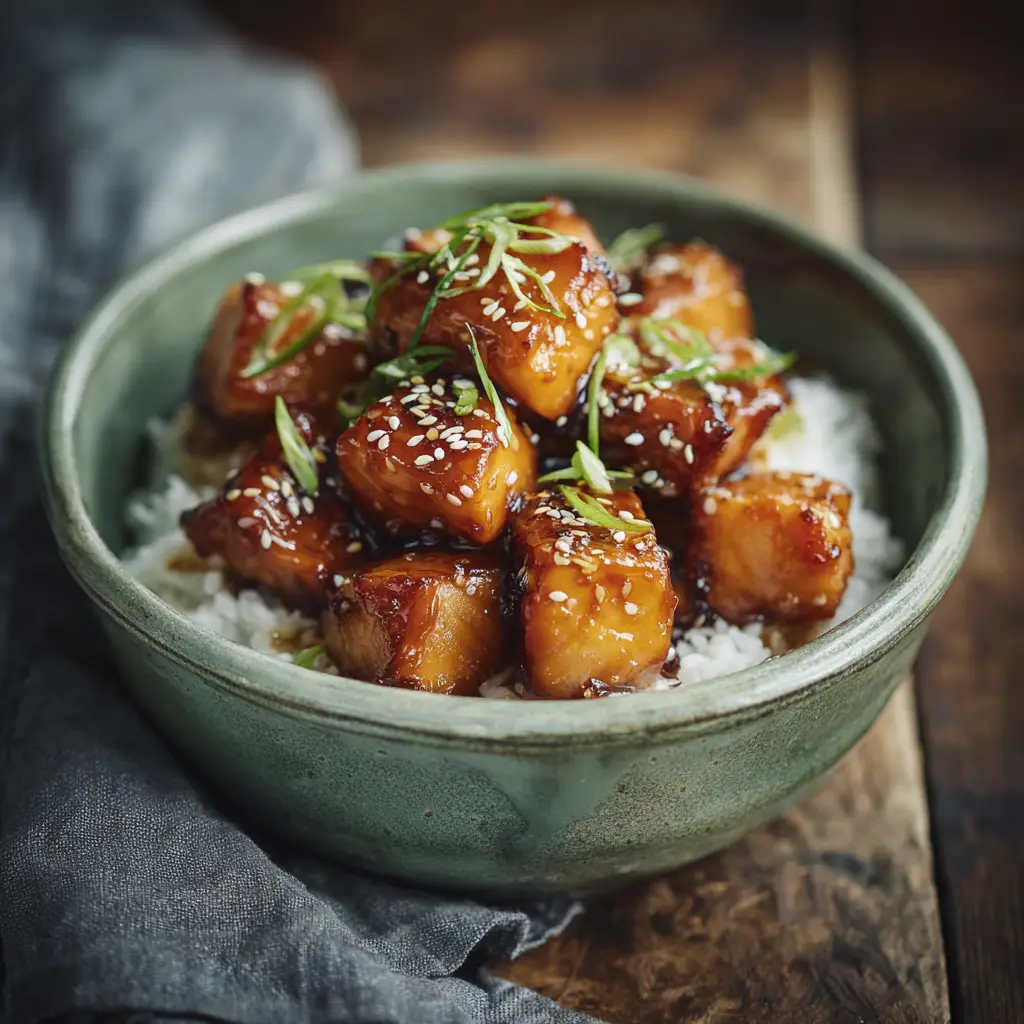 An overhead close-up shot of crispy honey garlic salmon bites served over a bed of white rice with a side of steamed broccoli, showcasing a healthy salmon recipe.