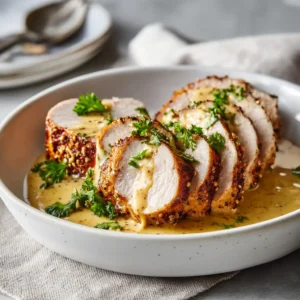 A close-up of thick slices of pan-seared pork tenderloin, highlighting the tender and juicy texture of the meat.