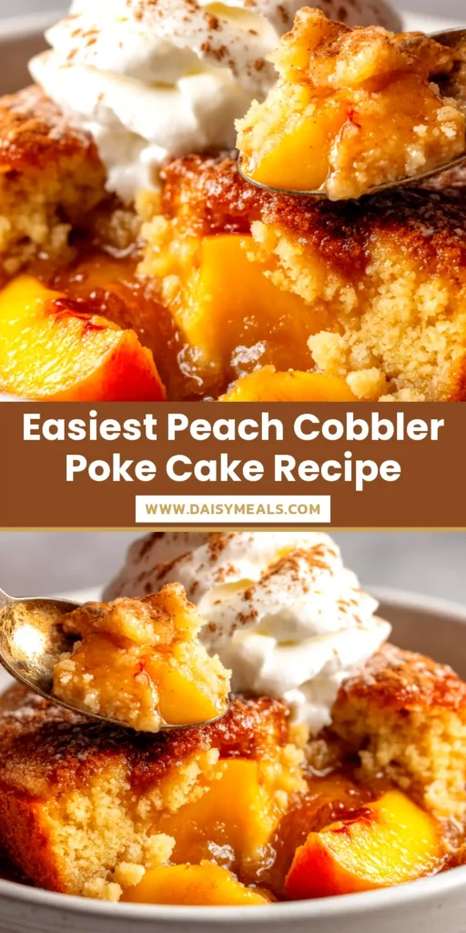A delicious slice of Peach Cobbler Poke Cake on a white plate, showing the moist cake layers, peach filling, and crumble topping.