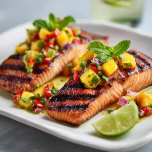 Two perfectly grilled salmon fillets sit side-by-side, showcasing their crispy skin and moist, flaky texture before being topped with salsa.