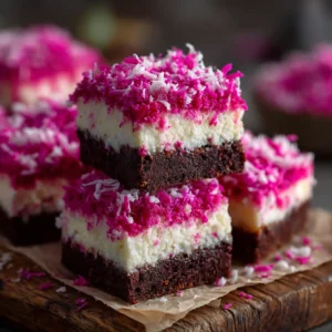 A close-up view of a single pink coconut cake bar, highlighting the creamy frosting and shredded coconut texture.