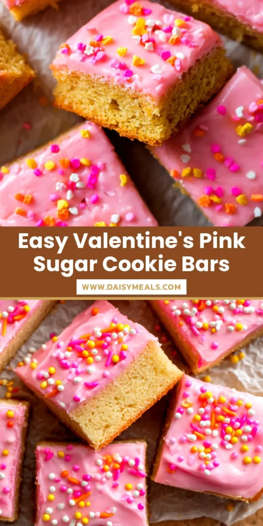 A stack of perfectly cut pink sugar cookie bars with creamy frosting and colorful sprinkles, ready to be served.