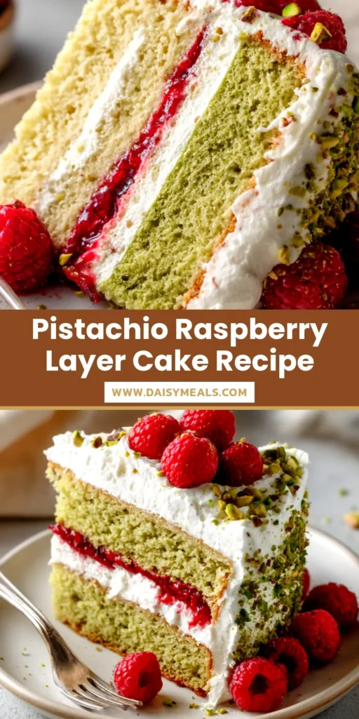 An overhead shot of a beautiful three-layer Pistachio Raspberry Cake, decorated with fresh raspberries and chopped pistachios on a white plate.
