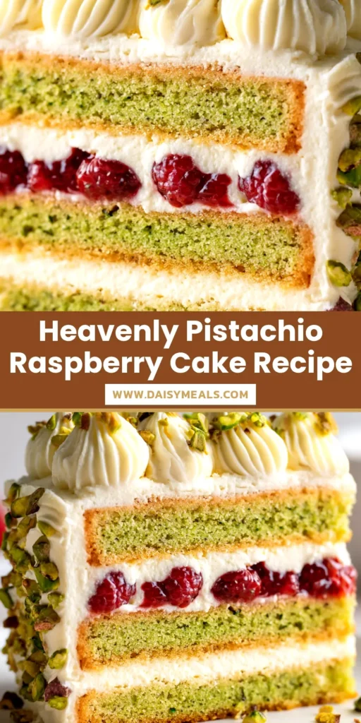 A beautiful Pistachio Raspberry Cake on a cake stand, decorated with fresh raspberries and chopped pistachios. The perfect dessert recipe for any occasion.