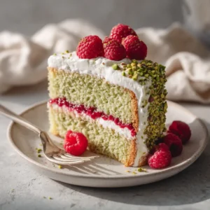 A perfect slice of pistachio raspberry layer cake on a plate, showing the vibrant raspberry filling between the green pistachio cake layers.