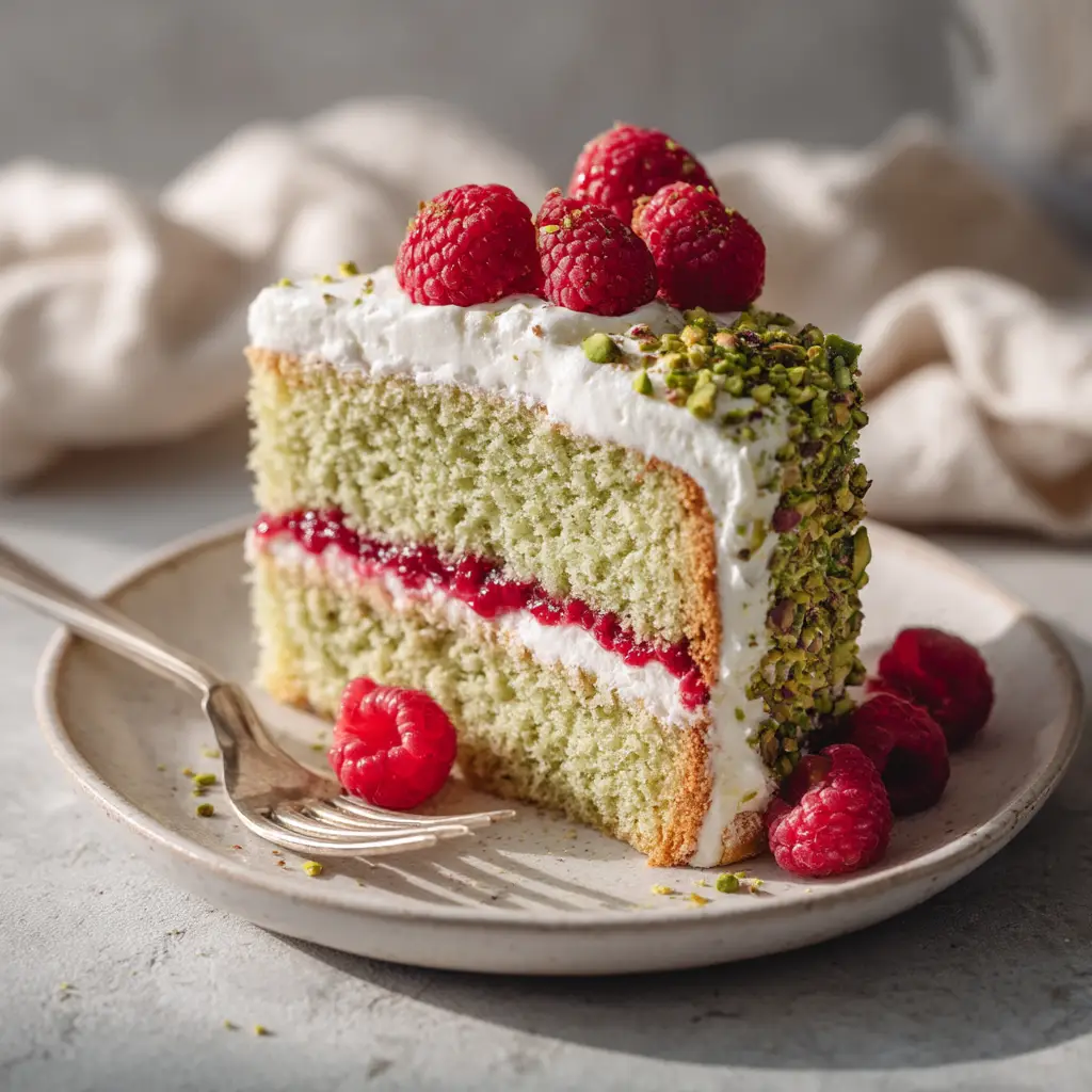 A perfect slice of pistachio raspberry layer cake on a plate, showing the vibrant raspberry filling between the green pistachio cake layers.