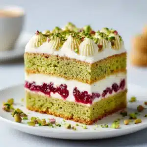 A perfect slice of pistachio cake with raspberry filling on a white plate, showcasing the vibrant green and red layers.