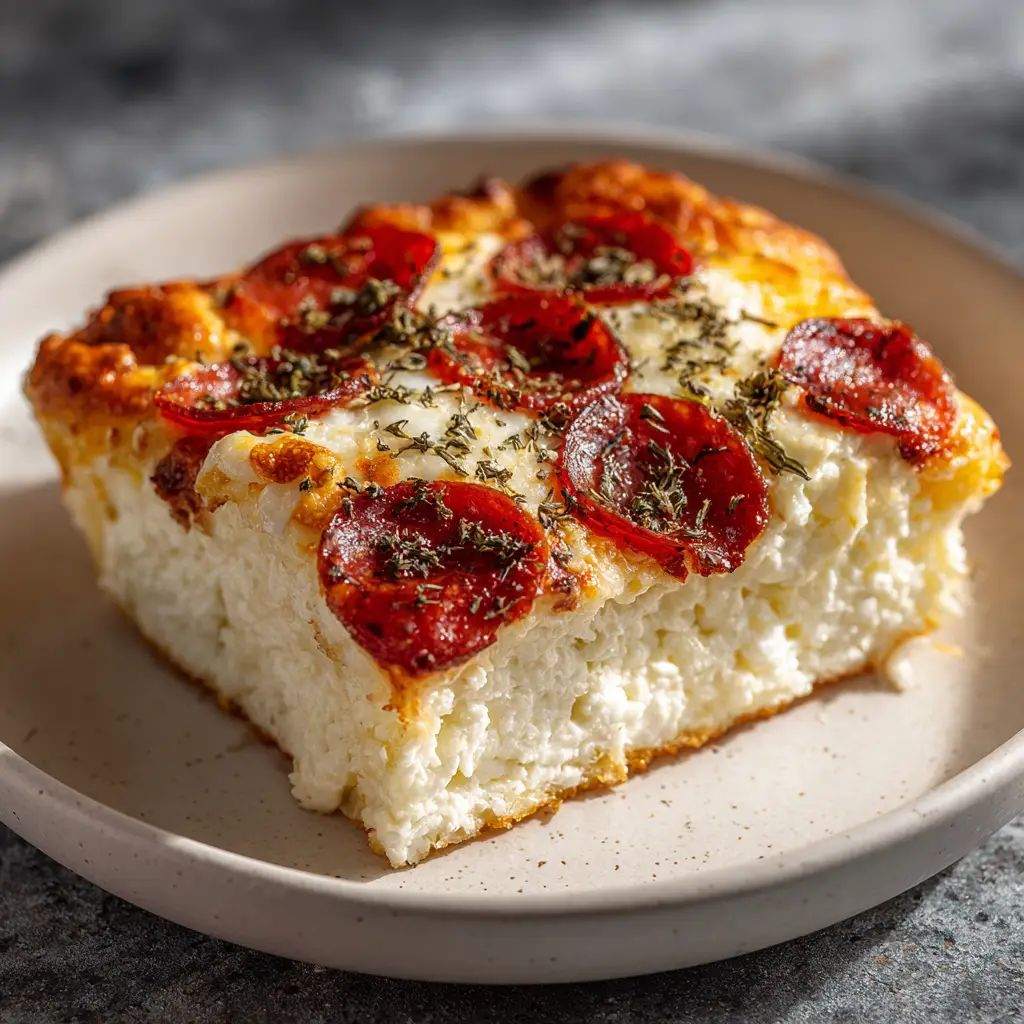 A close-up overhead shot of the Pizza Style Cottage Cheese Bake in a baking dish, fresh out of the oven with bubbly mozzarella and crispy pepperoni.