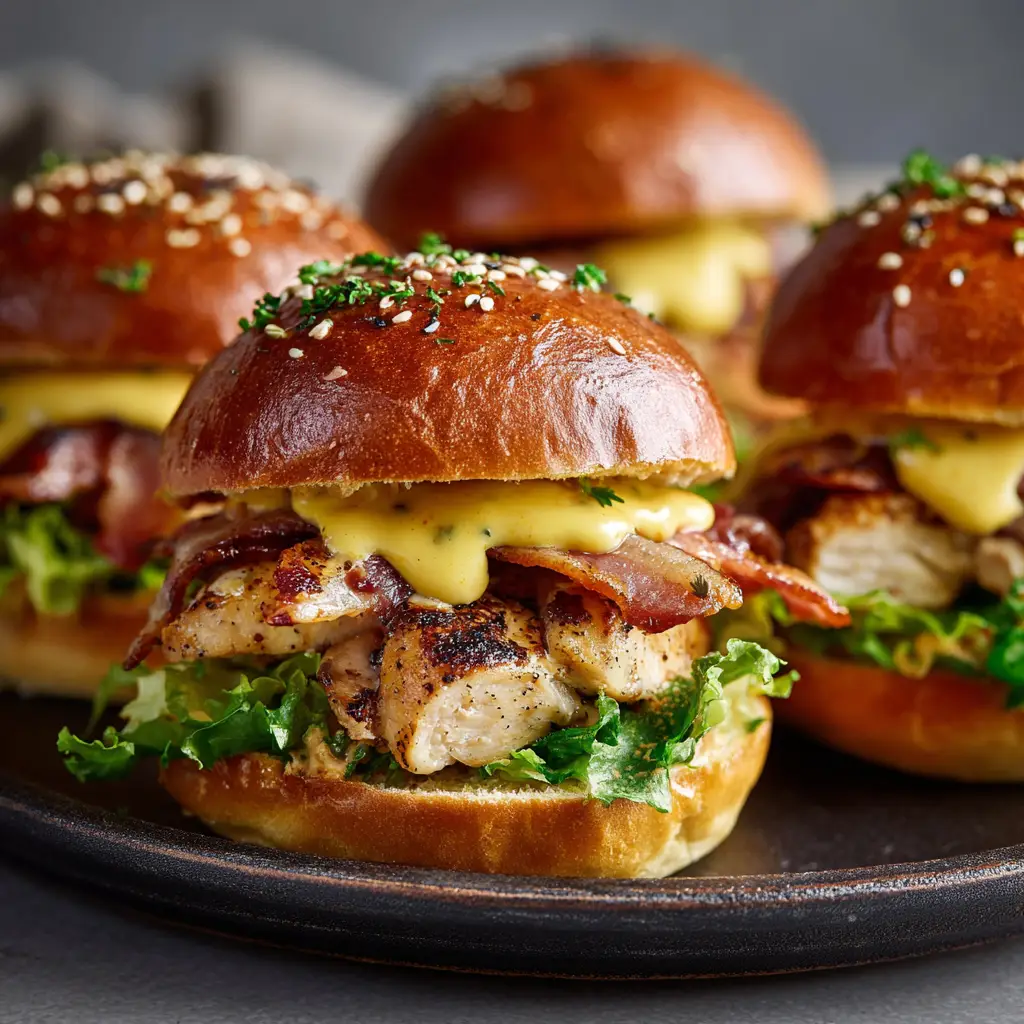 An overhead view of a platter of mini chicken sandwiches, showcasing a full batch of BLT chicken sliders ready to be served at a party.