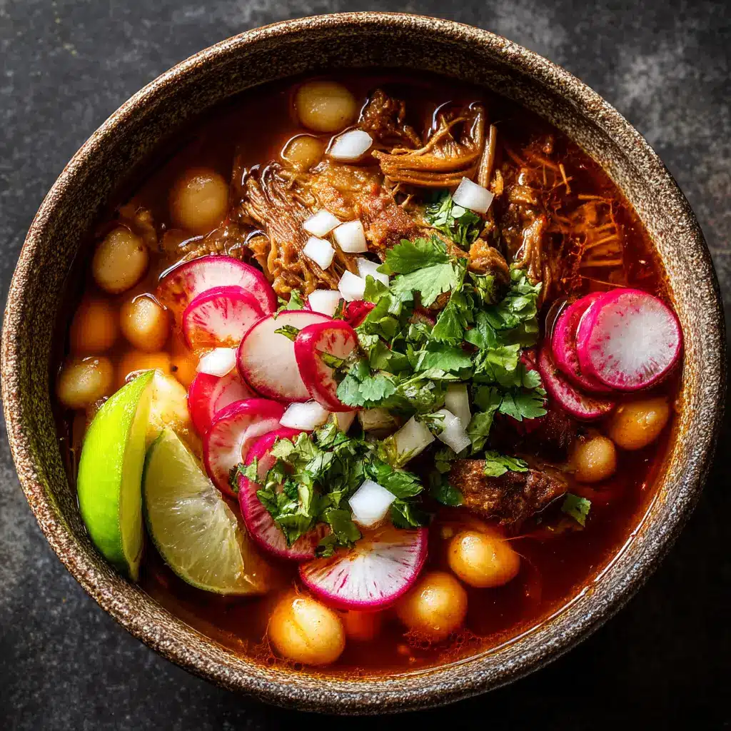 An overhead shot of a bowl of traditional pork pozole, highlighting the hominy and rich red chile broth, surrounded by fresh garnishes.