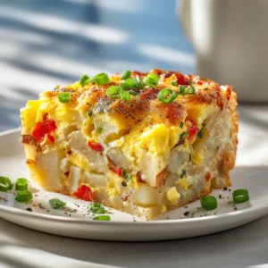 A single slice of cheesy egg and potato bake on a white plate, showcasing the layers of sausage, egg, and potatoes.